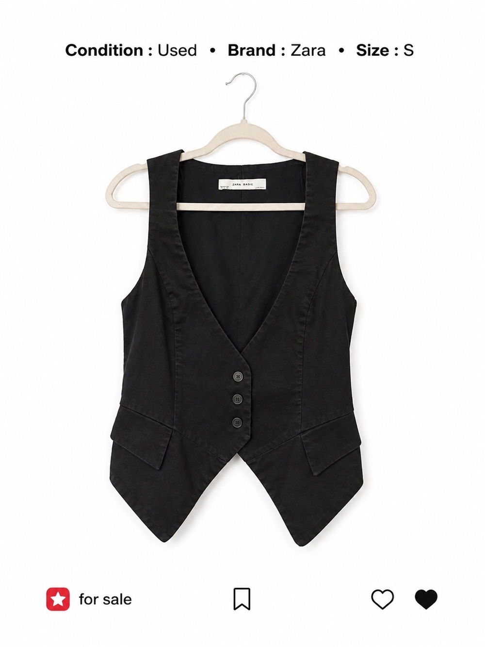 Zara Black Tailored Vest Top • Sleeveless Button Front • Size S